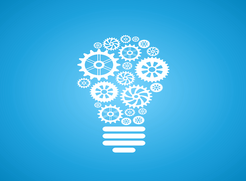 light bulb of gears and cogs over white background