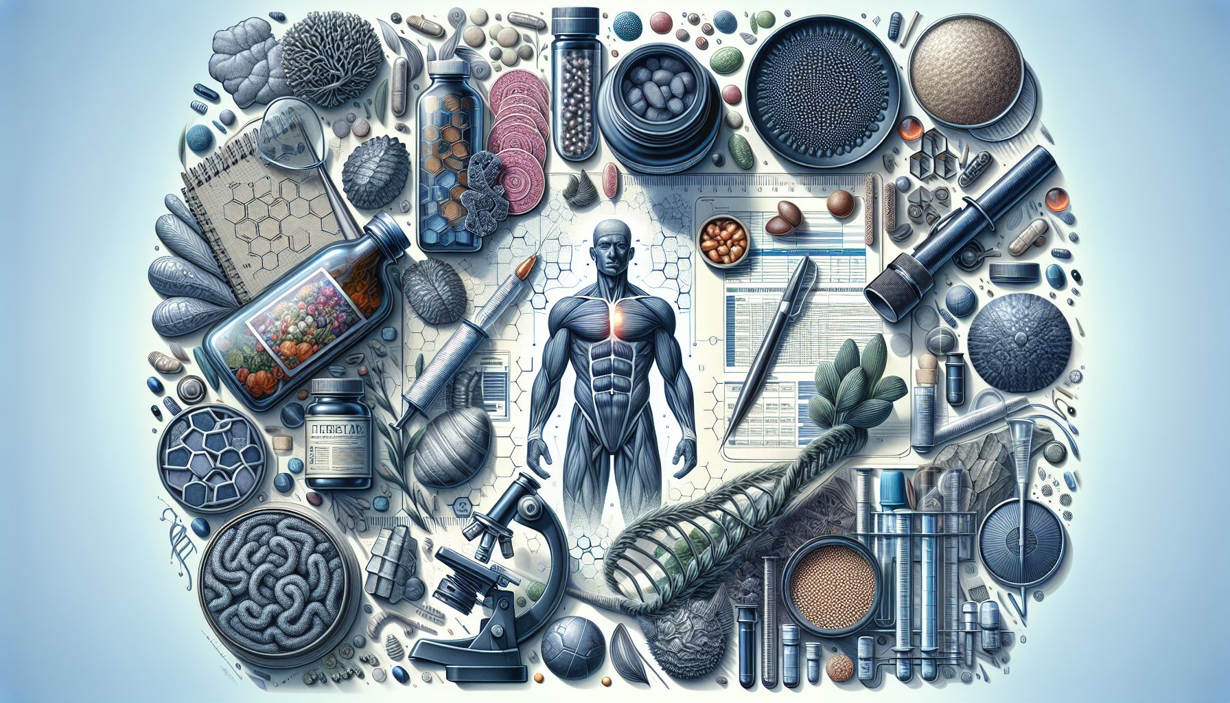 Illustration of potency enhancers, including herbal supplements, prescription pills, and lifestyle changes for improving male erectile function